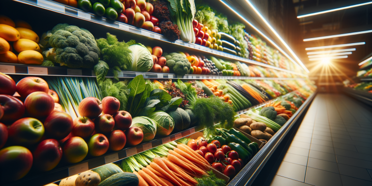 Nahaufnahme von frischem Obst und Gemüse in einem BayWa-Supermarkt