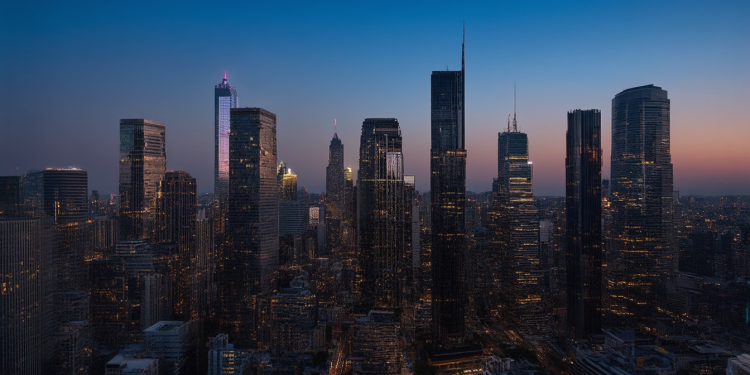 Stadtbild bei Abenddämmerung mit beleuchteten und dunklen Wolkenkratzern