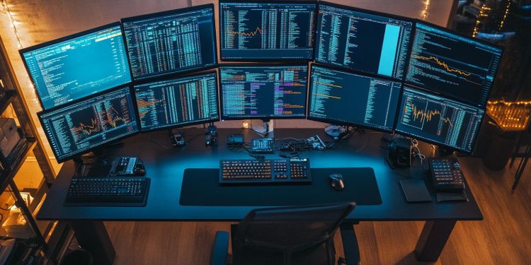 Vogelperspektive eines High-Tech-Handelsdesks mit mehreren Monitoren, die Blockchain-Daten anzeigen.