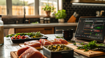 Hellofresh-Mahlzeitenboxen auf einem Küchentisch, im Hintergrund ein Laptop mit Aktienkursen