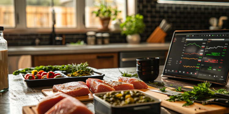 Hellofresh-Mahlzeitenboxen auf einem Küchentisch, im Hintergrund ein Laptop mit Aktienkursen