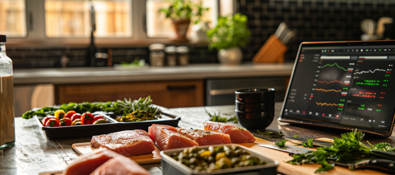 Hellofresh-Mahlzeitenboxen auf einem Küchentisch, im Hintergrund ein Laptop mit Aktienkursen