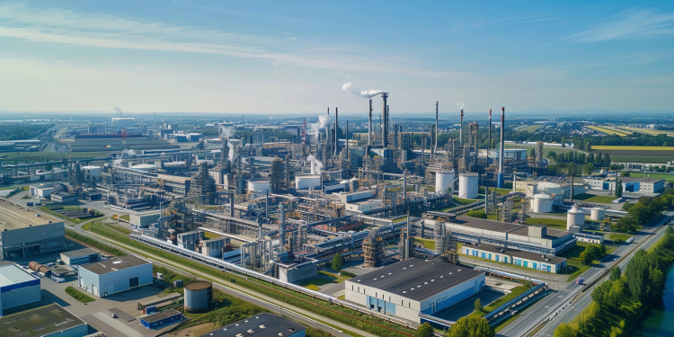 Luftaufnahme des BASF-Hauptquartiers in Ludwigshafen mit Produktionsanlagen und Rohrleitungssystem bei klarem Himmel