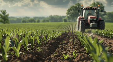 Darstellung von BASF's nachhaltigen Landwirtschaftslösungen mit einem Traktor und Feldern im Vordergrund