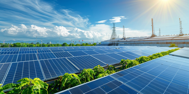 Siemens-Solaranlage auf Industriegebäude, umgeben von grüner Landschaft und blauem Himmel