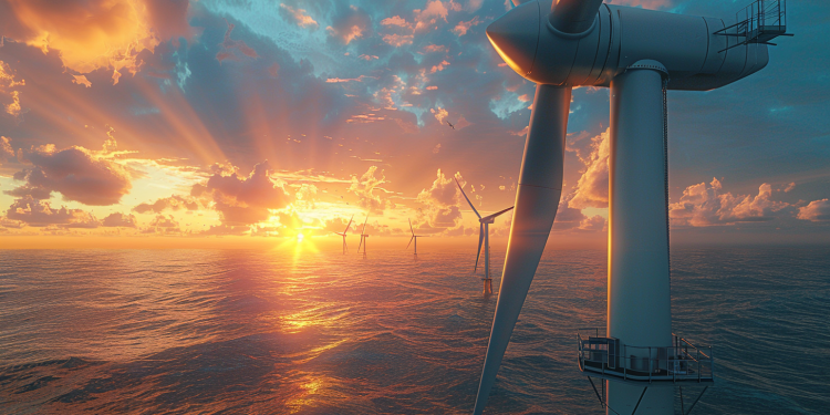 Nahaufnahme von Siemens-Energieturbinenblättern, die in einem Offshore-Windpark bei Sonnenuntergang installiert werden