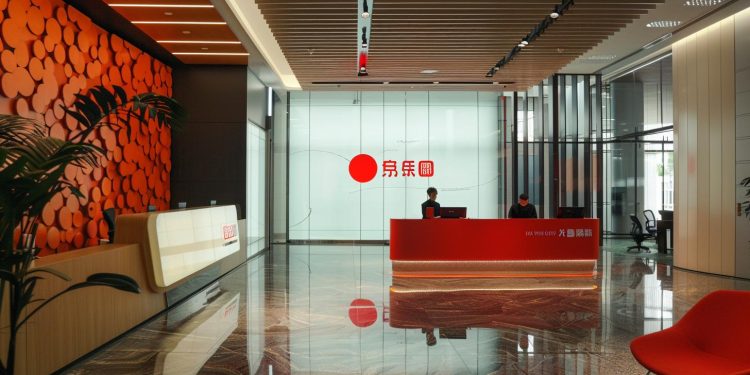 Baidus Büro-Lobby mit auffälligem roten und weißen Logo