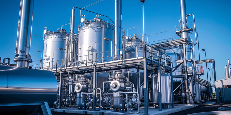 Eine industrielle Wasserstoffproduktionsanlage mit silbernen Tanks und Rohrleitungen vor einem klaren blauen Himmel