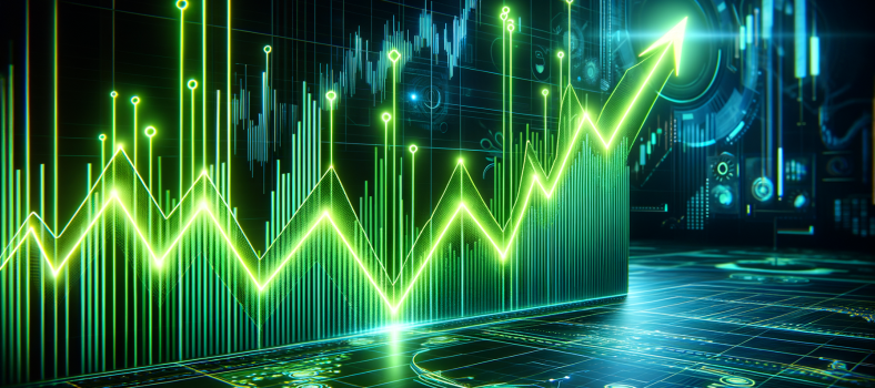 Aufwärts-Trend bei einem Aktiengraphen mit neon-grünem Leuchten