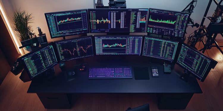 Vogelperspektive eines High-Tech-Handelsdesks mit mehreren Monitoren, die Blockchain-Daten anzeigen.