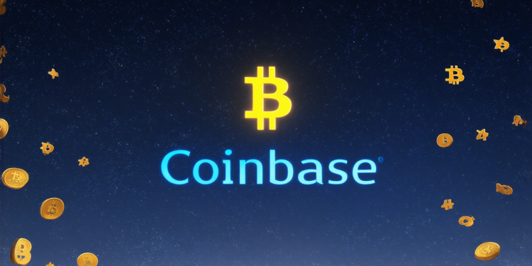 Nachthimmel mit Bitcoin-Symbolen und Coinbase-Logo