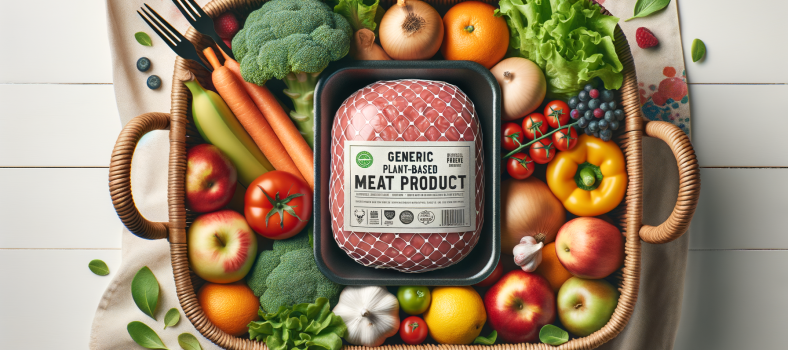 Einkaufskorb mit Beyond Meat-Produkten und Gemüse