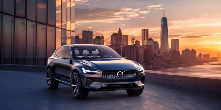 Ein glänzendes Volvo-Elektroauto fährt durch eine moderne Stadtlandschaft bei Sonnenuntergang