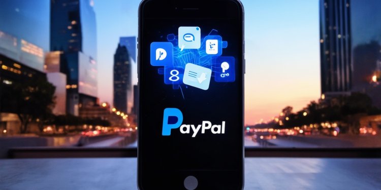 Smartphone mit geöffnetem PayPal-App und Transaktionssymbolen