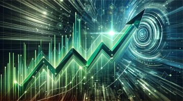 Dynamisches Liniendiagramm zeigt einen steilen Aufwärtstrend mit futuristischem Hintergrund.