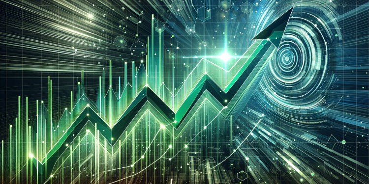 Dynamisches Liniendiagramm zeigt einen steilen Aufwärtstrend mit futuristischem Hintergrund.