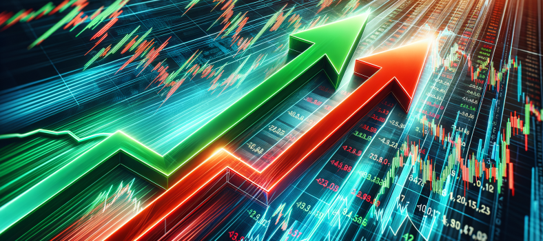 Grüner Aufwärtspfeil und roter Abwärtspfeil vor Börsentickern