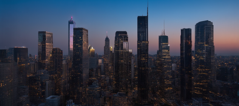 Stadtbild bei Abenddämmerung mit beleuchteten und dunklen Wolkenkratzern