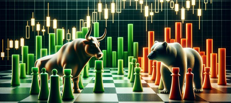 Schachfiguren Stier und Bär vor Candle-Charts