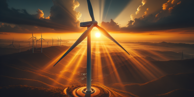 Eine NextEra Energy Windturbine gegen den goldenen Sonnenuntergang