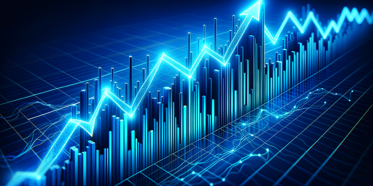 Aufwärtstrend im blauen Aktienchart mit Pfeilen
