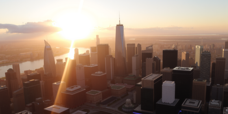 Malerische Skyline eines großen Finanzdistrikts im goldenen Sonnenlicht, symbolisiert Wohlstand.