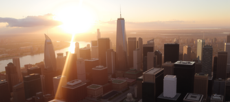 Malerische Skyline eines großen Finanzdistrikts im goldenen Sonnenlicht, symbolisiert Wohlstand.