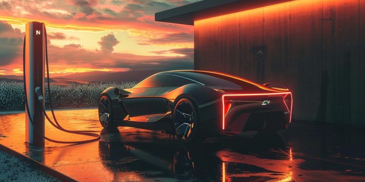 Ein futuristisches GM-Elektrofahrzeug an einer modernen Ladestation im Sonnenuntergang