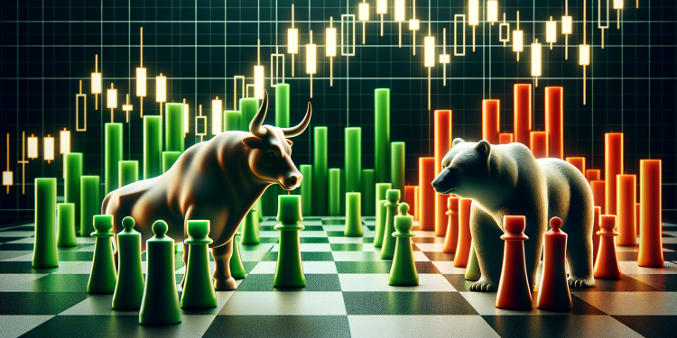 Schachfiguren Stier und Bär vor Candle-Charts