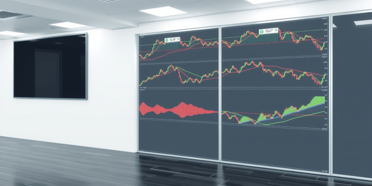 Leeres modernes Büro mit Glaswand und Aktienmarkt-Charts