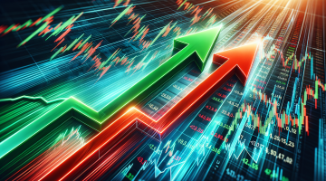 Grüner Aufwärtspfeil und roter Abwärtspfeil vor Börsentickern