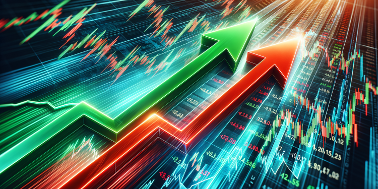 Grüner Aufwärtspfeil und roter Abwärtspfeil vor Börsentickern