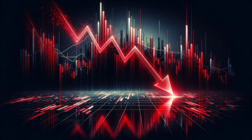 Dramatischer Börsenkrach mit rotem Abwärtspfeil und Kerzencharts.