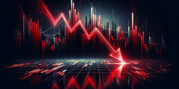 Dramatischer Börsenkrach mit rotem Abwärtspfeil und Kerzencharts.