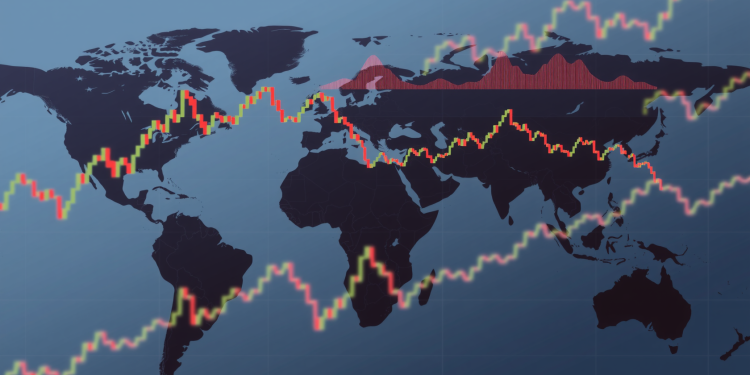 Weltkarte mit schwankenden Börsendiagrammen