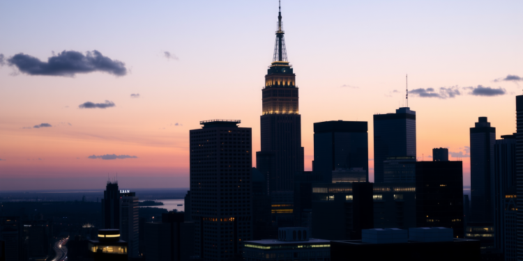 Finanzdistrikt-Skyline bei Dämmerung mit leuchtenden Wolkenkratzern