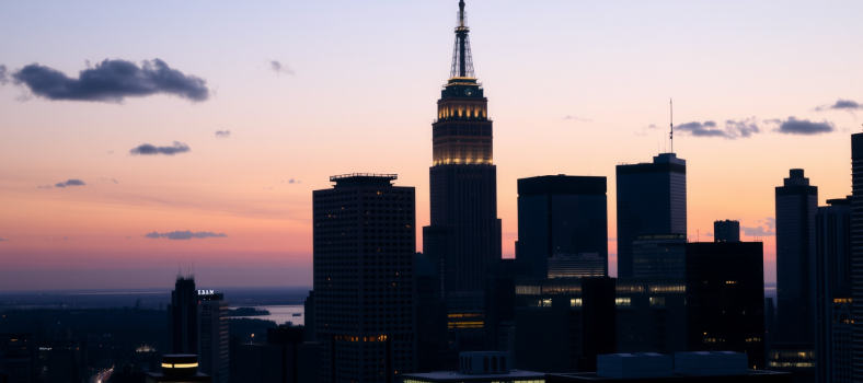 Finanzdistrikt-Skyline bei Dämmerung mit leuchtenden Wolkenkratzern