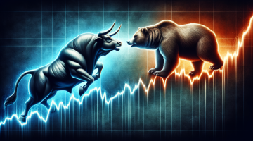 Kampf zwischen Bulle und Bär über einem Aktienmarkt-Chart.