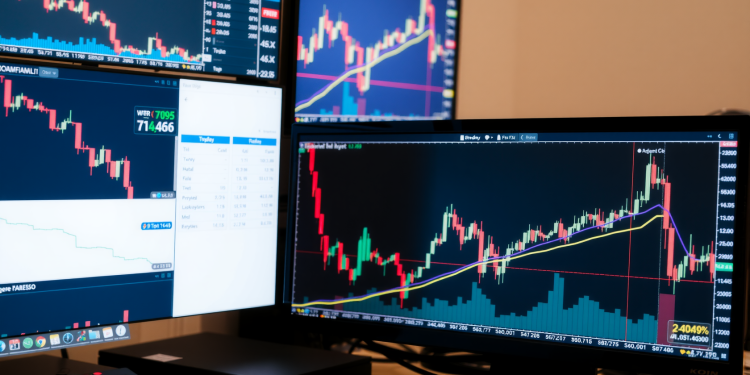 Analystenarbeitsplatz mit Aktiencharts auf Monitoren