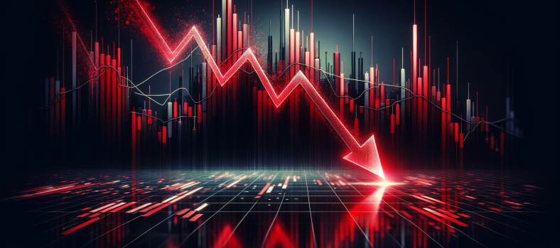Dramatischer Börsenkrach mit rotem Abwärtspfeil und Kerzencharts.