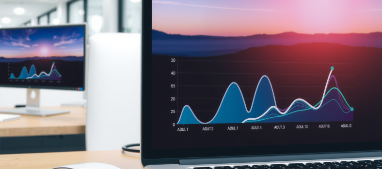 Laptop auf Schreibtisch mit Datenanalyse-Software