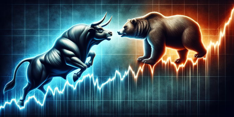 Kampf zwischen Bulle und Bär über einem Aktienmarkt-Chart.