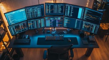 Vogelperspektive eines High-Tech-Handelsdesks mit mehreren Monitoren, die Blockchain-Daten anzeigen.