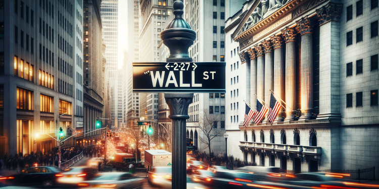 Wall Street-Schild vor verschwommenem Stadtverkehr und historischen Gebäuden