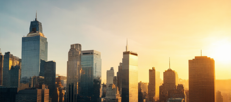 Finanzdistrikt-Silhouette bei Sonnenaufgang