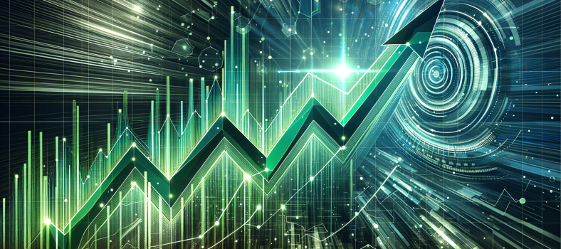 Dynamisches Liniendiagramm zeigt einen steilen Aufwärtstrend mit futuristischem Hintergrund.