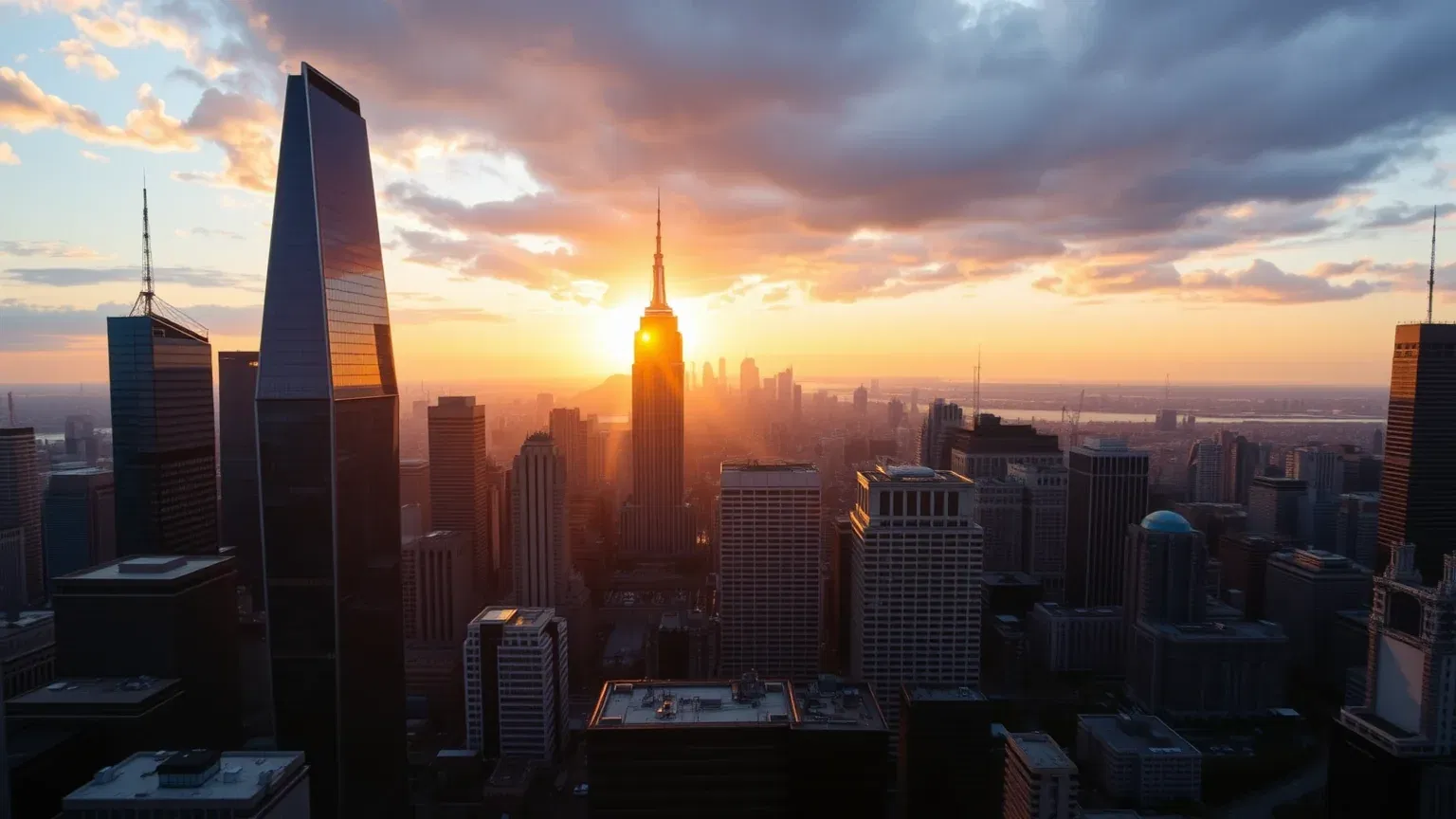 Sonnenaufgang über einem Finanzviertel.